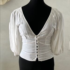 H&M White V-Neck Blouse with Puff Sleeves